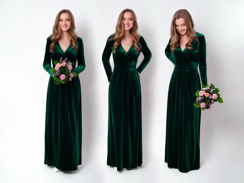 Emerald green velvet long dress, bridesmaid velvet dress, wedding dress, velvet bridesmaid dress, New Year dress, maxi dress, evening dress image 2