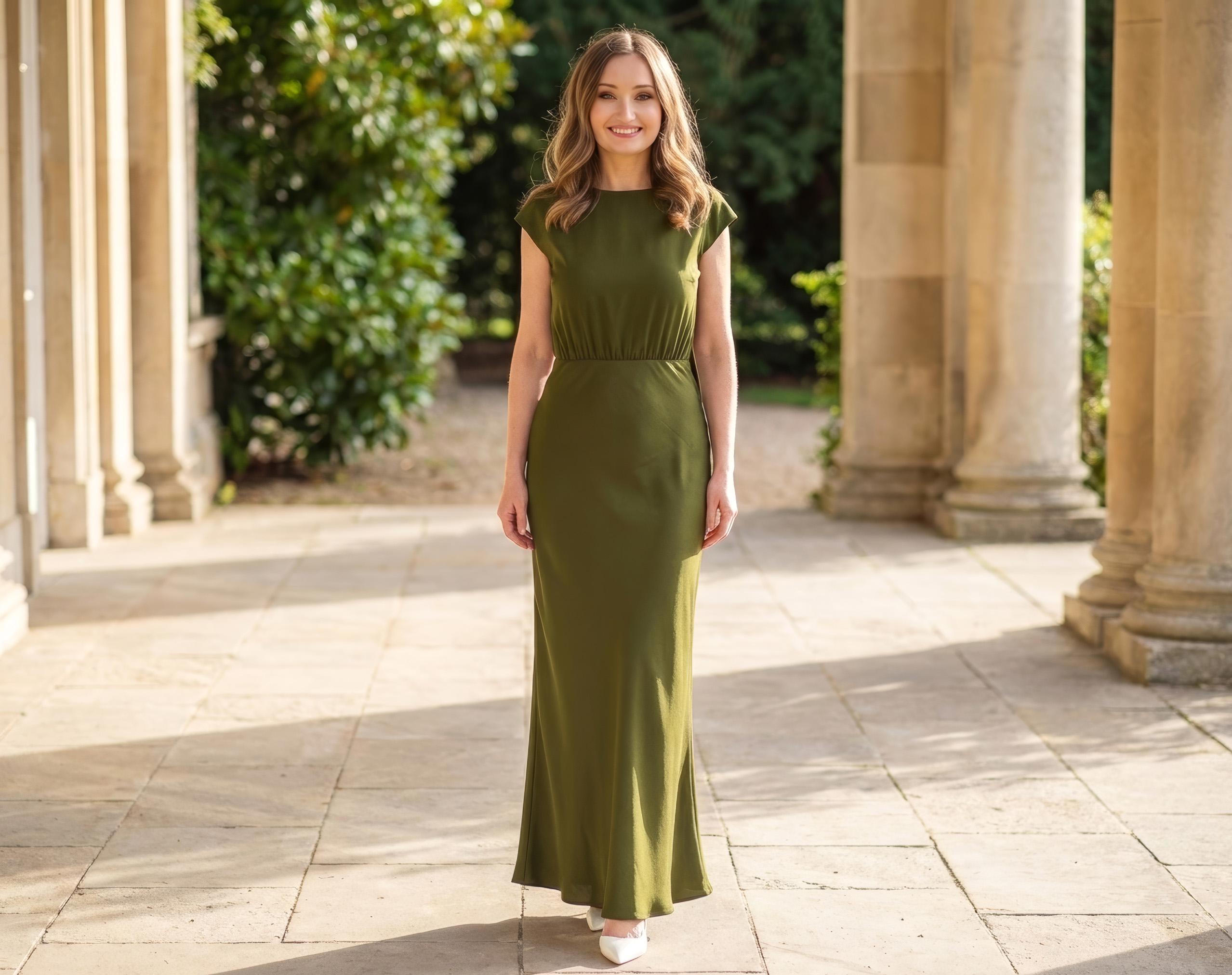 Olive Green Chiffon Long Dress, Bridesmaids, Wedding guest, Special Occasions gown