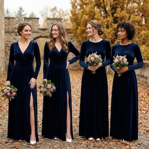 Navy blue velvet maxi dress - holiday gown with long sleeves and slit, Christmas Party, Winter Wedding, Bridesmaid