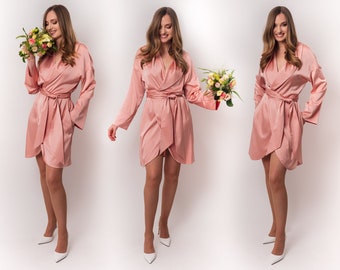 Blush pink long silk robe, bride robe, bridesmaid robe, luxury silk satin robe, wedding robe, kimono robe, dressing gown, bridal party robe