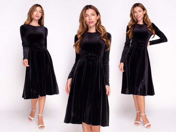 Black velvet dress with belt Christmas velvet dress evening dress velvet bridesmaid dress wedding guest dress party dress
