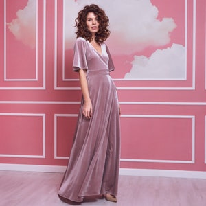 Mauve velvet long wrap around dress, bridesmaid dresses, wedding guest dress, maxi dress, Maid of Honor dress, evening dress