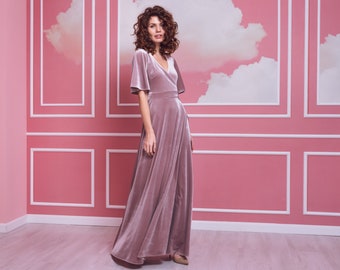 Mauve velvet long wrap around dress, bridesmaid dresses, wedding guest dress, maxi dress, Maid of Honor dress, evening dress