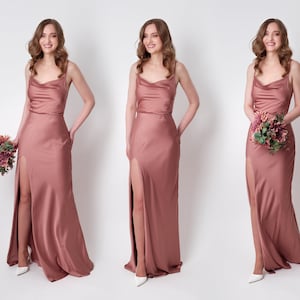Champagne rose silk slit dress, bridesmaid dress, silk satin dress, wedding guest dress, evening dress, wedding cocktail party dress