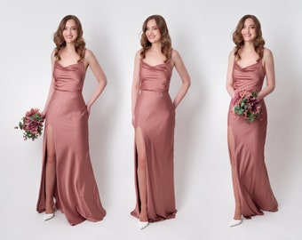 Robe fendue en soie rose champagne, robe de demoiselle d'honneur, robe en satin de soie, robe d'invité de mariage, robe de soirée, robe de cocktail de mariage