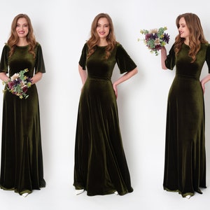 Olive green velvet long dress, bridesmaid velvet dress, wedding guest dress, velvet gown, velvet slit dress, maxi dress, evening dress