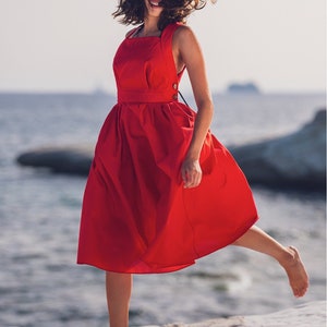 Red long organic cotton cross-back dress, mid-calf sundress, open back dress, crisscross, 50s-style dress, sleeveless, summer image 5