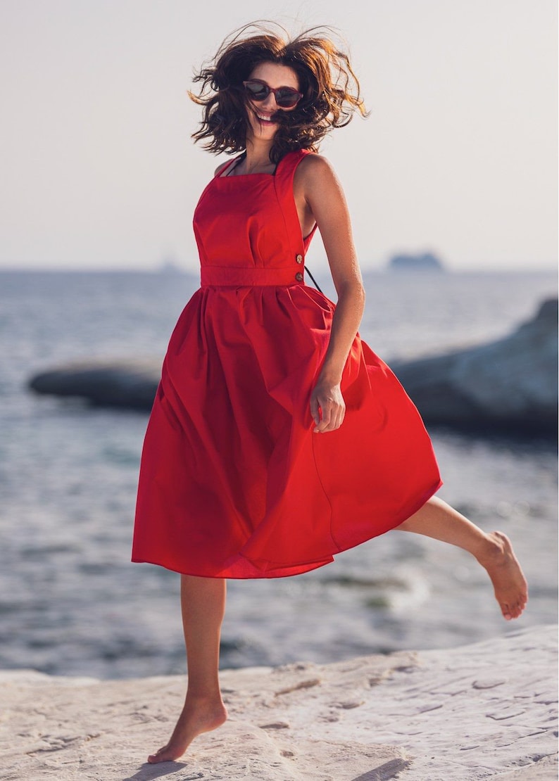 Red long organic cotton cross-back dress, mid-calf sundress, open back dress, crisscross, 50s-style dress, sleeveless, summer image 5