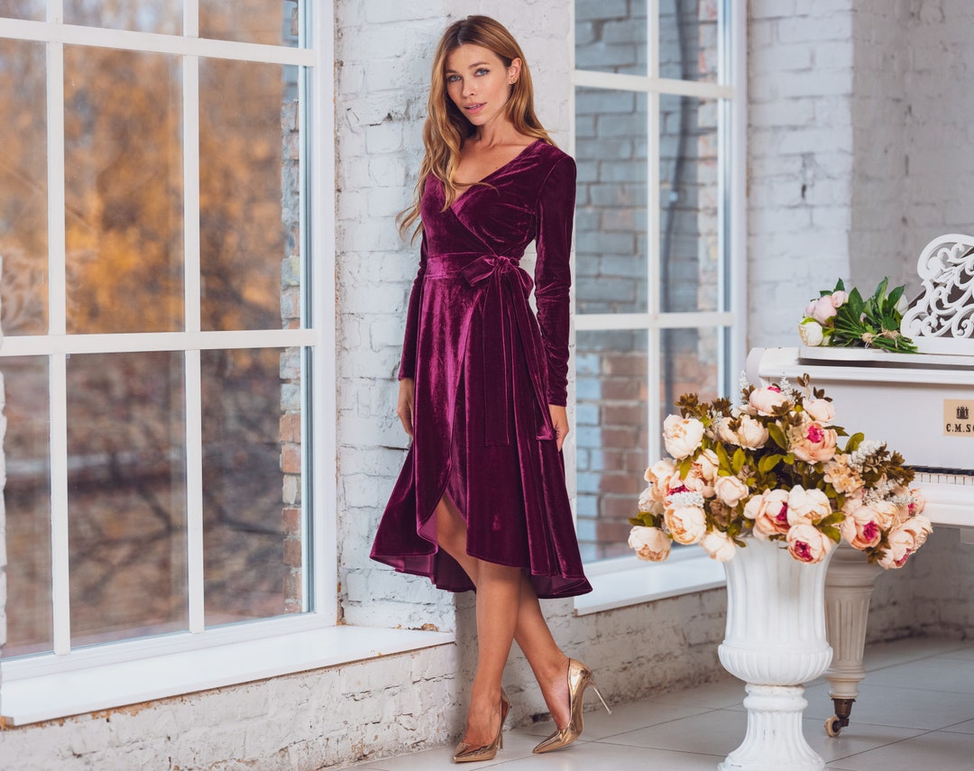 Plum Burgundy Velvet Wrap Dress Long Sleeve Velvet Dress - Etsy