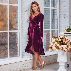 Plum burgundy velvet wrap dress, long sleeve velvet dress, bridesmaid velvet dress, wedding dress, velvet bridesmaid dress, New Year dress