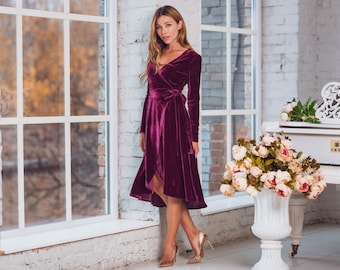 Plum burgundy velvet wrap dress, long sleeve velvet dress, bridesmaid velvet dress, wedding dress, velvet bridesmaid dress, New Year dress