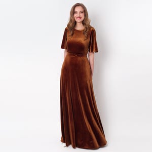 Rust gold velvet long dress, bridesmaid velvet dress, wedding guest dress, velvet gown, velvet slit dress, maxi dress, evening dress