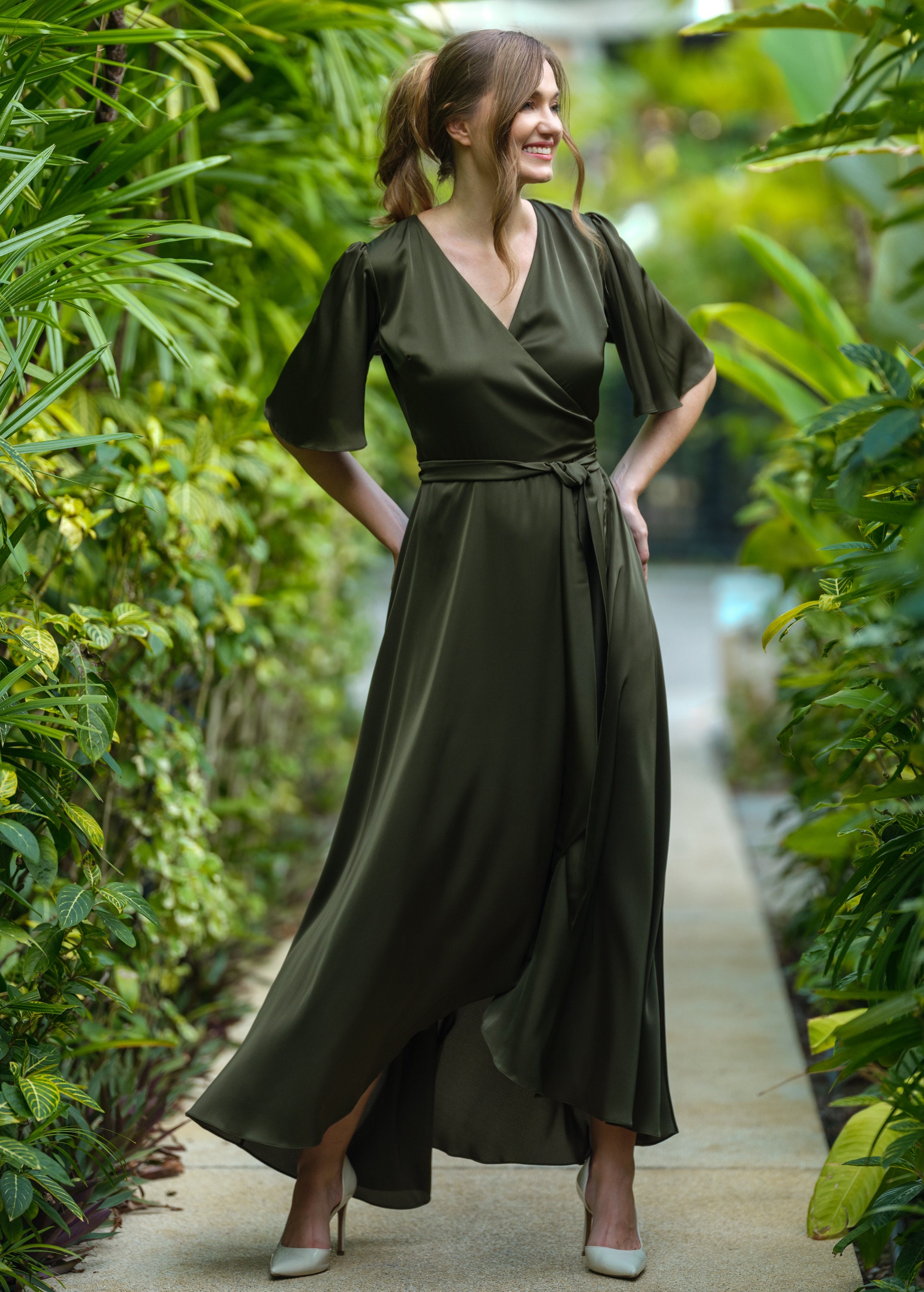 sage green bridesmaid dresses long sleeve Green Jersey Long Sleeve V Neck Gown With Beaded Belt main image 0