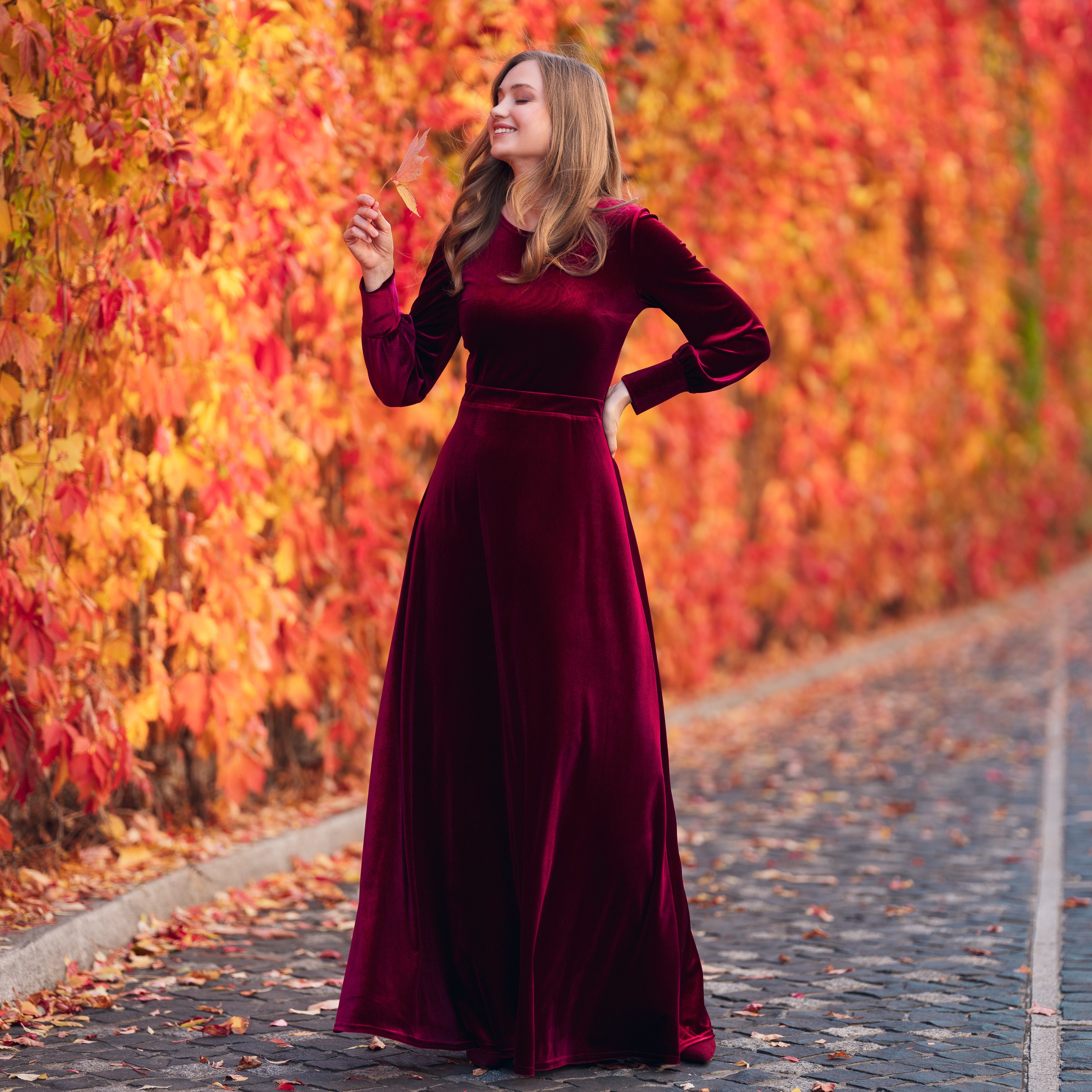 knee length dresses for ladies Burgundy Long Sleeve Maxi Dress with Pockets