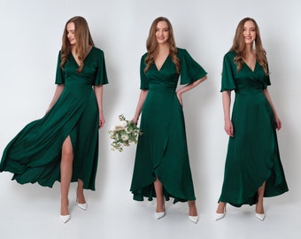 Dark green silk dress, silk dress, wrap dress, bridesmaid dress, wedding guest dress, women dress, maxi dress, evening dress, long dress