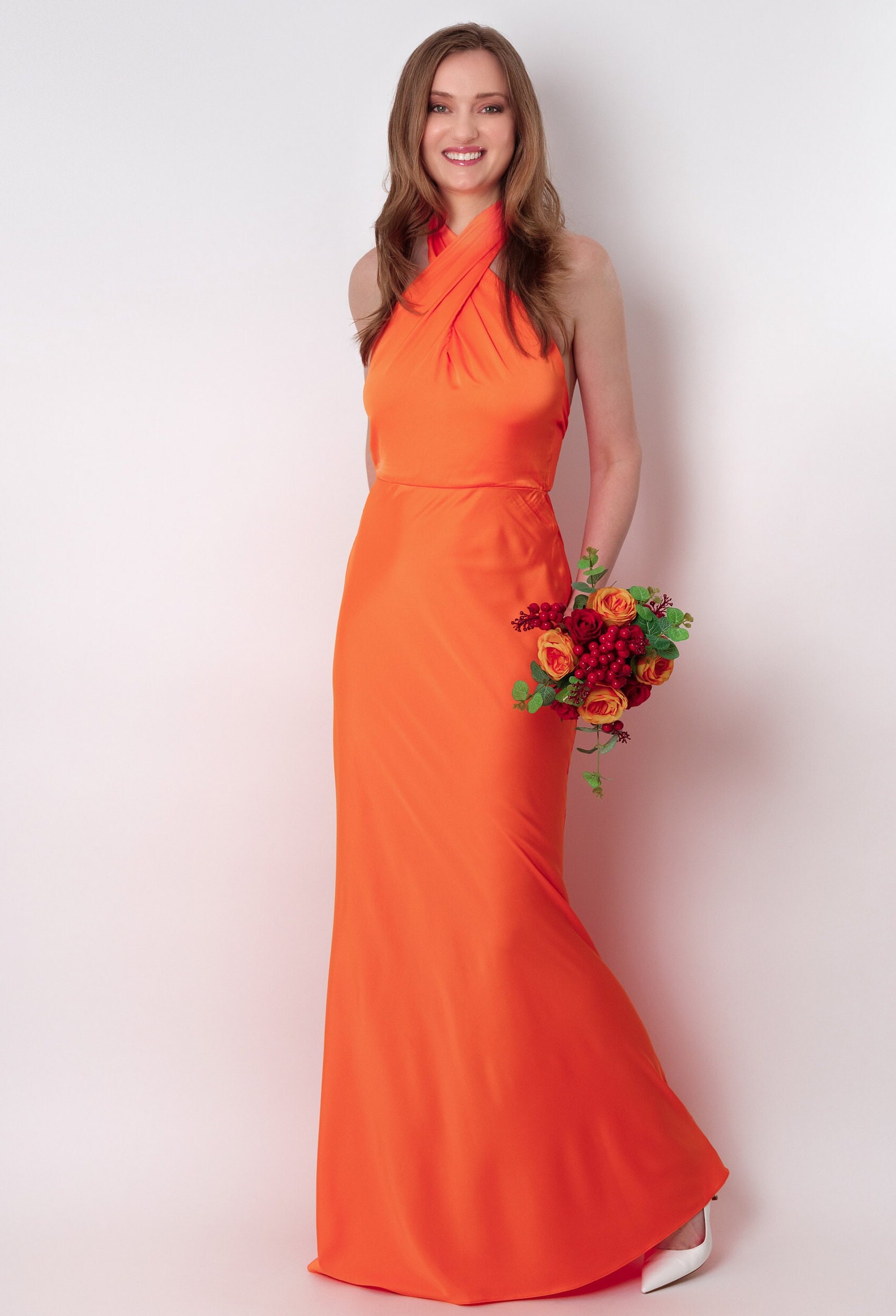 Orange silk long halter dress, bridesmaid dress, wedding guest dress, evening dress, open back dress, bridal party attire