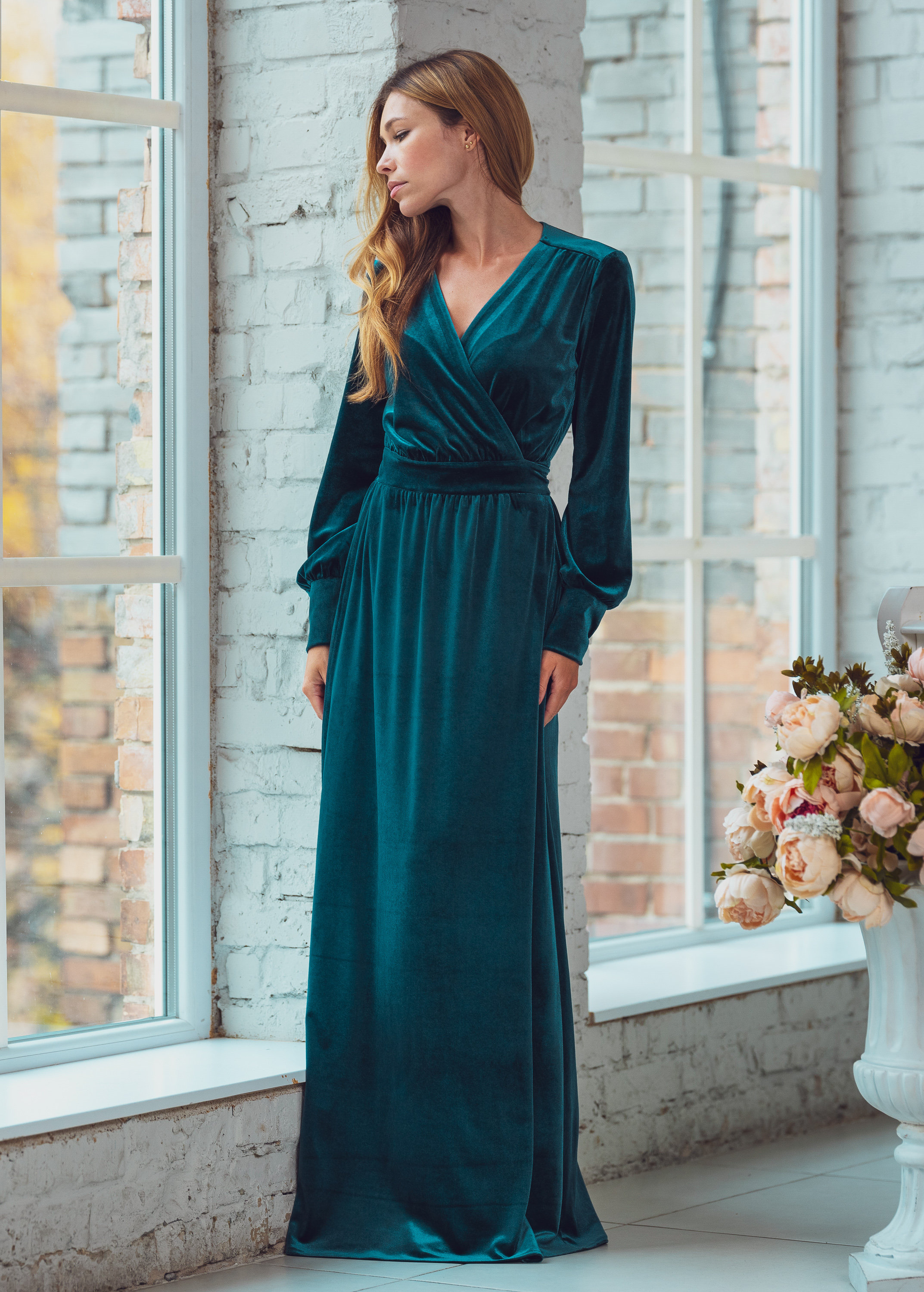 teal green velvet dress Velvet Teal Green Wrap Dress With Long Sleeves: Fall and Winter Special Occasion, Christmas, Plus Size