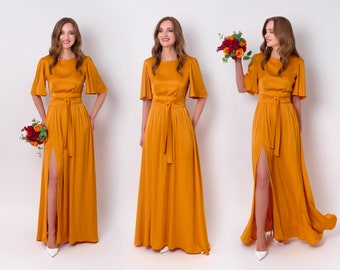 Gouden zijden jurk met riem, lange jurk met split, bruidsmeisjesjurk, gast bruiloft jurk, maxi jurk, avondjurk, formele kleding