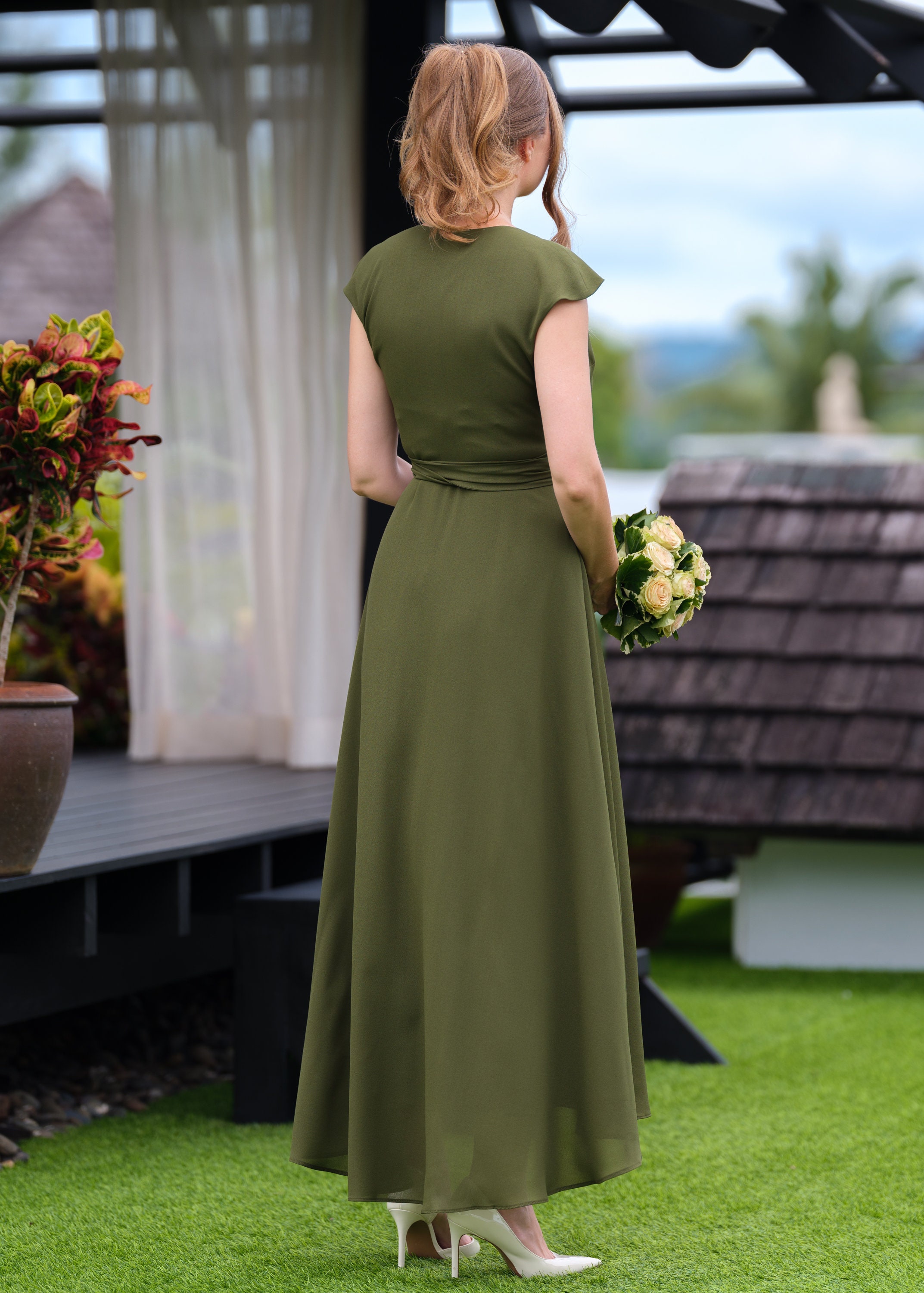 chiffon olive green dress Martini Olive Chiffon V-Neck Bridesmaid Dress A-Line Floor-Length main image 1