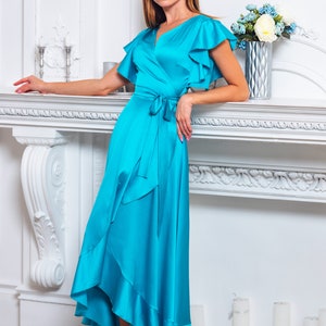 Turquoise Blue Dress, Silk Dress, Wrap Dress, Bridesmaid Dress, Wedding ...