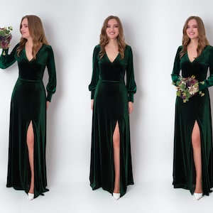 Emerald green velvet long dress, bridesmaid velvet dress, wedding guest dress, velvet gown, velvet slit dress, maxi dress, evening dress