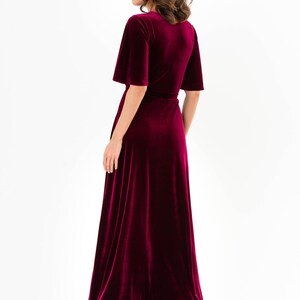 Dramatic V-neck Pleated Long Gown with Slit Plum
