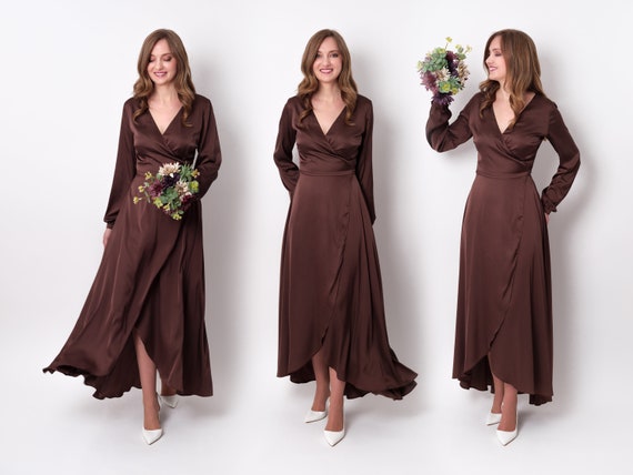 Chocolate Brown Silk Wrap Dress With Long Sleeve, Plus Size, Bridesmaids -  Etsy Israel