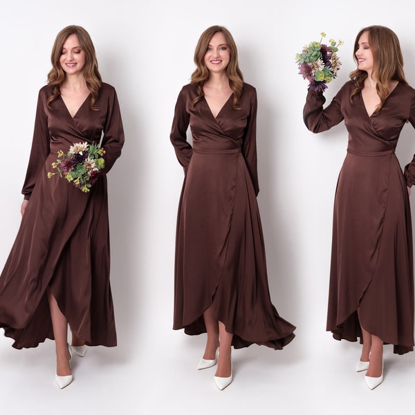 Choсolate Brown silk dress, silk dress, wrap dress, bridesmaid dress, wedding guest dress, women dress, evening dress, long dress