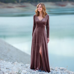 taupe velvet bridesmaid dresses Kennedy Blue Erin Velvet Bridesmaid Dress main image 1