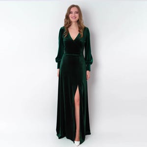Emerald green velvet long dress, bridesmaid velvet dress, wedding guest dress, velvet gown, velvet slit dress, maxi dress, evening dress