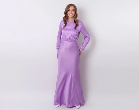 Buy Lilac Silk Long Dress, Bridesmaid Dress, Wedding Guest Dress, Evening  Dress, Long Sleeves Dress, Bridal Party Attire, Long Dress Online in India  - Etsy