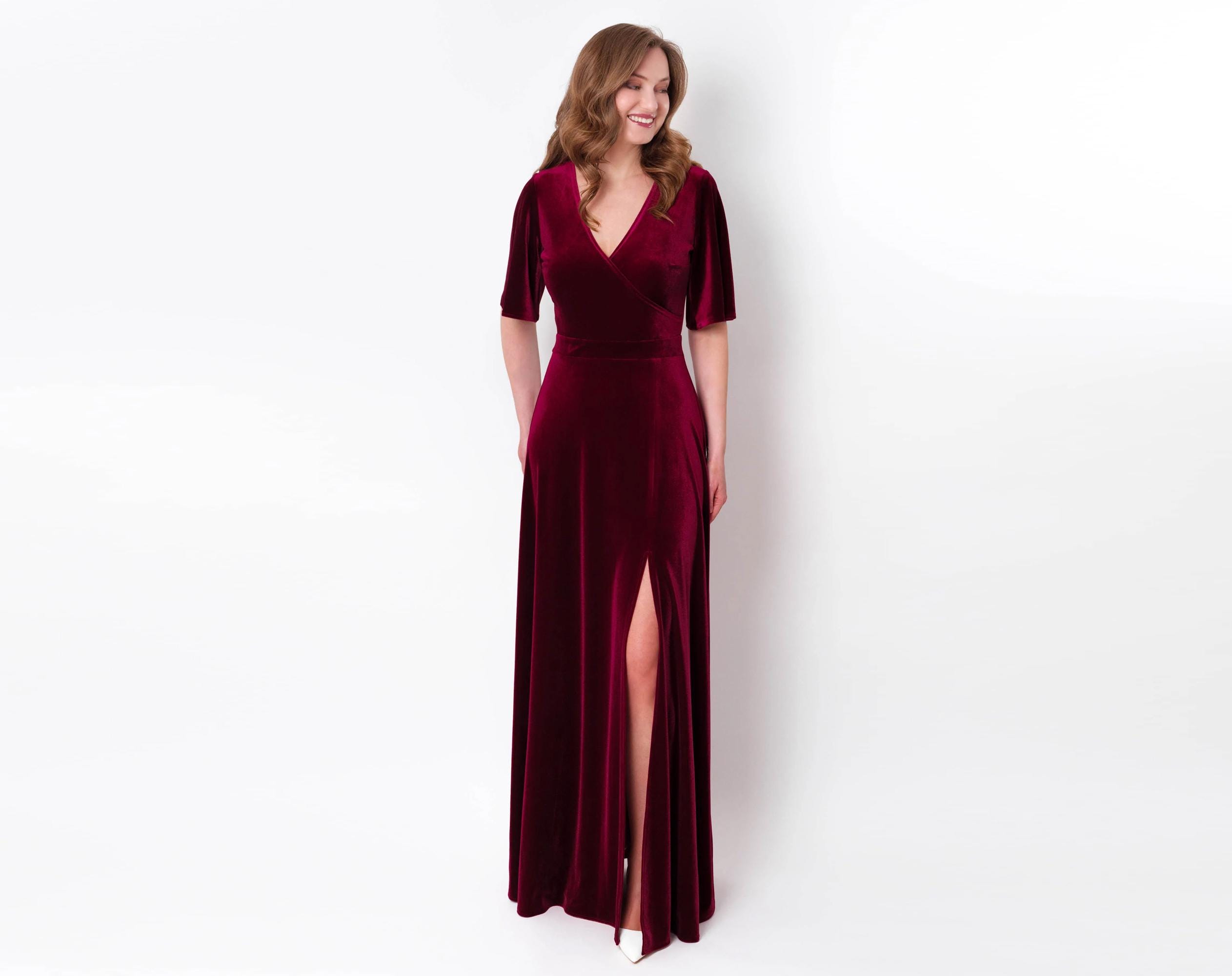 Plum burgundy velvet long slit dress, bridesmaid velvet dress, wedding guest dress, velvet gown, velvet dress, maxi dress, evening dress