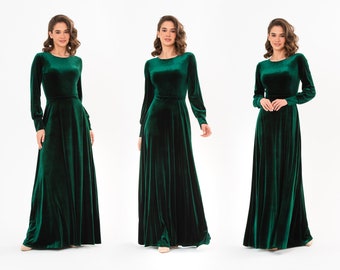 Robe longue en velours vert émeraude, robe en velours de demoiselle d'honneur, robe de mariée, robe de demoiselle d'honneur en velours, robe du nouvel an, robe longue, robe de soirée