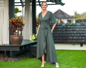 Dark Seaweed Green Wedding Guest Dress, Midi Bridesmaid Dress, Drop  Shoulder Wrap Dress, Asymmetrically Hem Dress - Etsy Israel