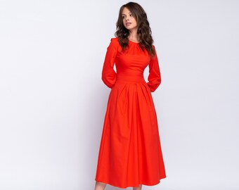 Rotes langes Baumwollkleid, Mid Wadenkleid, Retro Kleid, Vintage Kleid, 50er Jahre Kleid