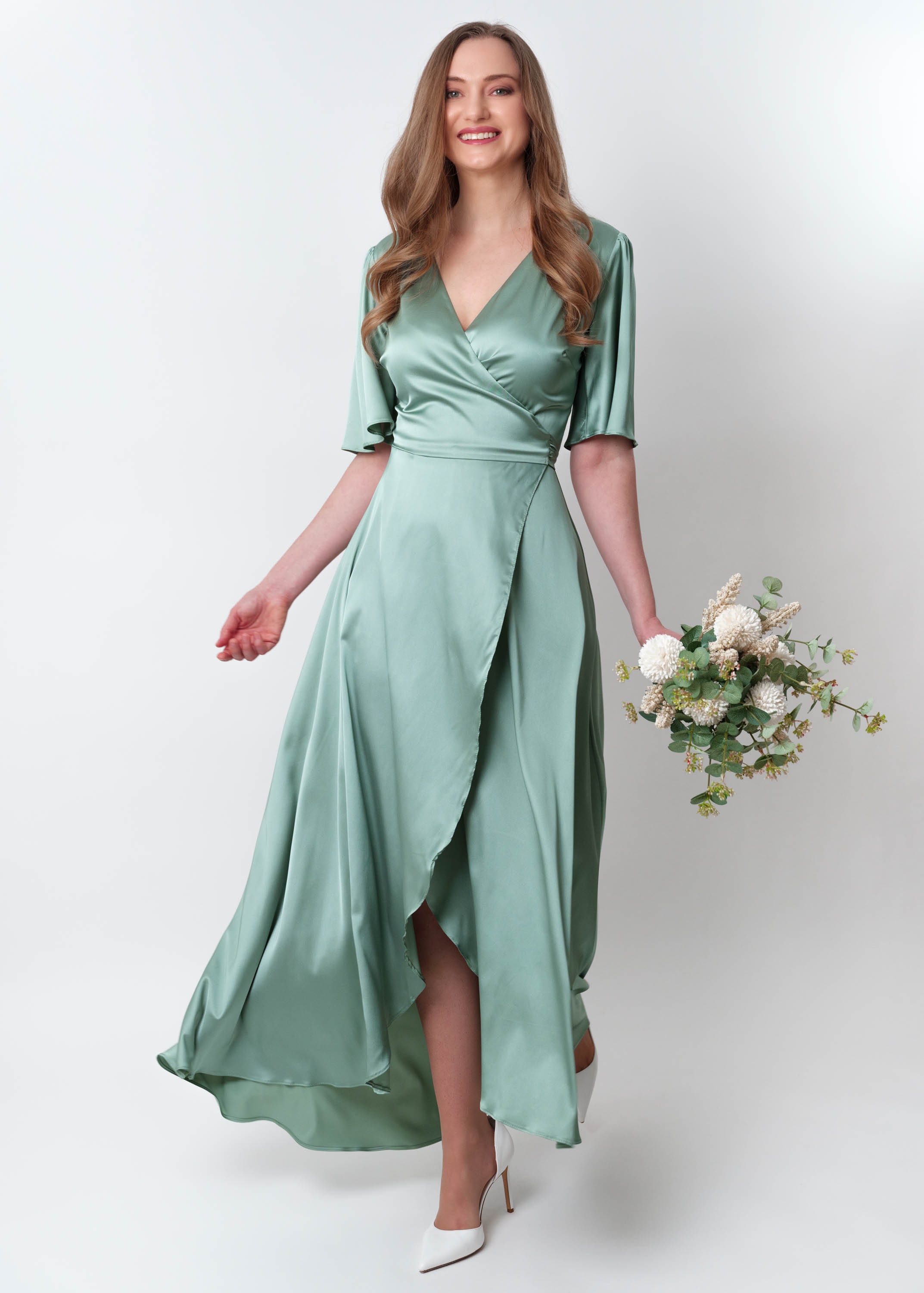 Silk dress in sage green, wrap dress, bridesmaid dress, wedding guest dress, women dress, maxi dress, evening dress, long dress, plus size