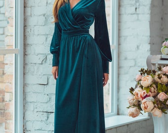 Teal Green Velvet Wrap Dress: long sleeve and floor-length, Christmas or Holiday Parties, Fall, Winter Weddings & Special Occasions Gown Teal Green Velvet Wrap Dress: long sleeve and floor-length, Christmas or Holiday Parties, Fall, Winter Weddings & Special Occasions Gown