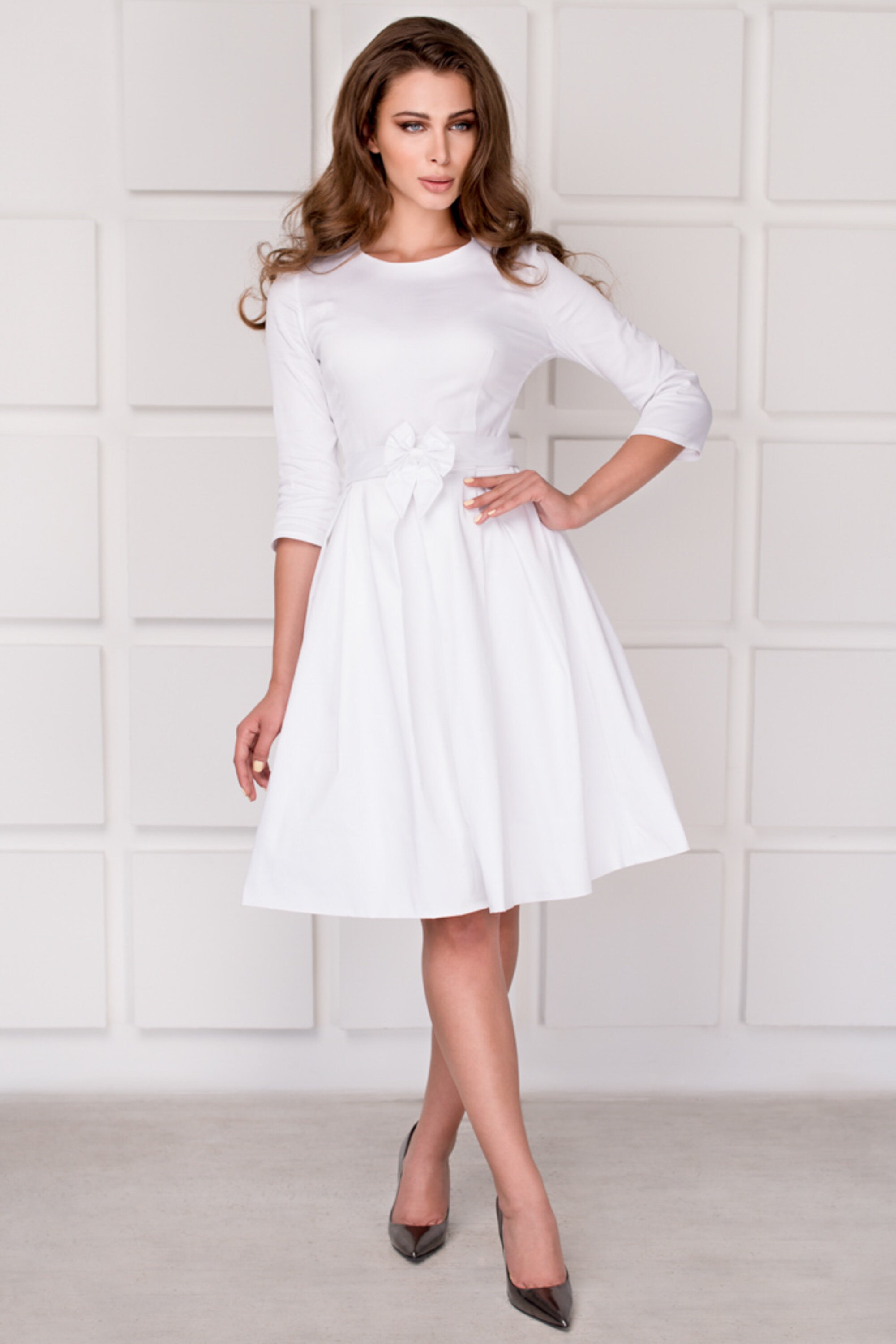 White Cotton Dress, Mid-calf Dress, Retro Dress, 50s Style