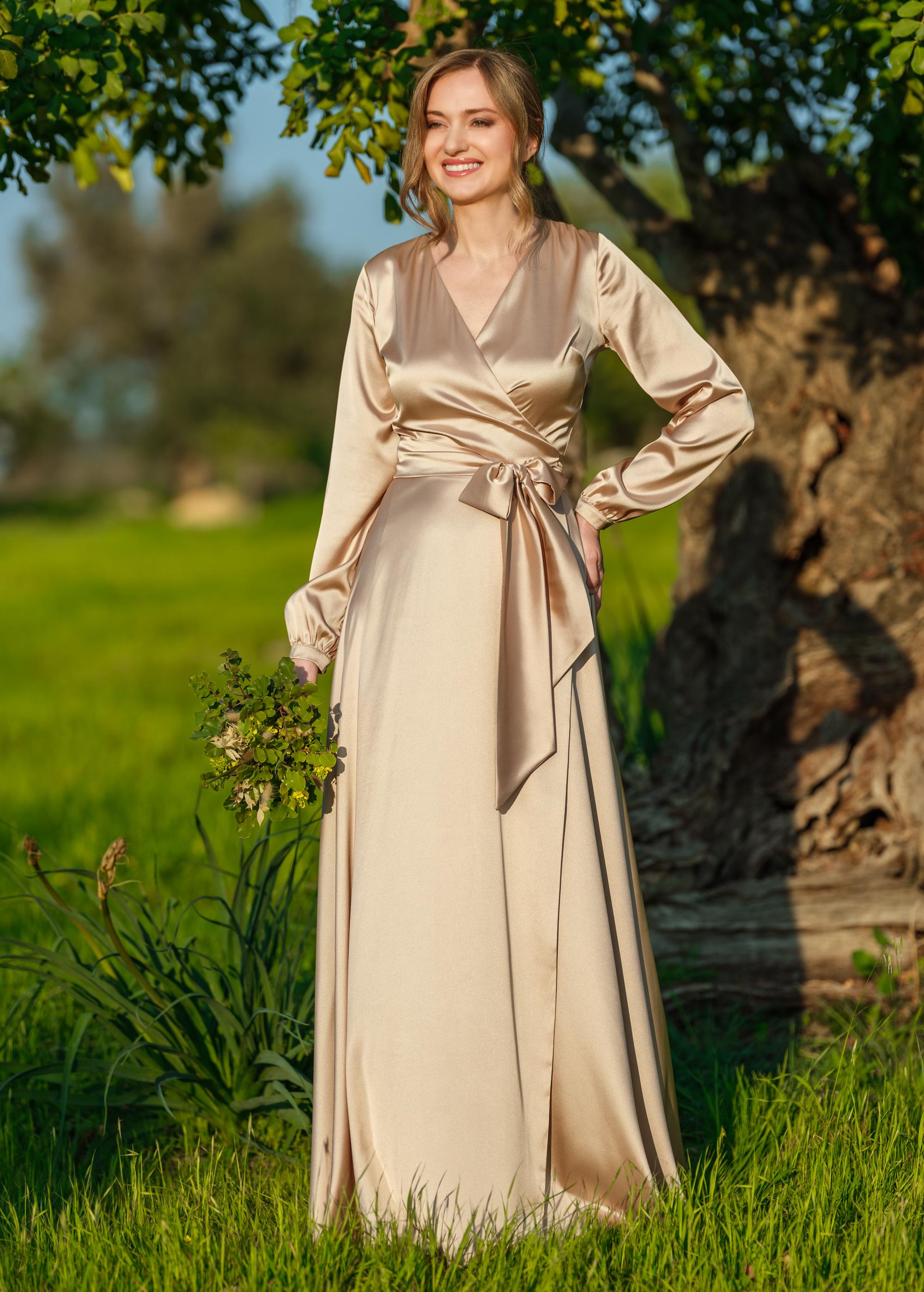 gold wrap dress long sleeve Champagne Silk Bridesmaids Dress: Floor-Length Gown, plus size sequined lace