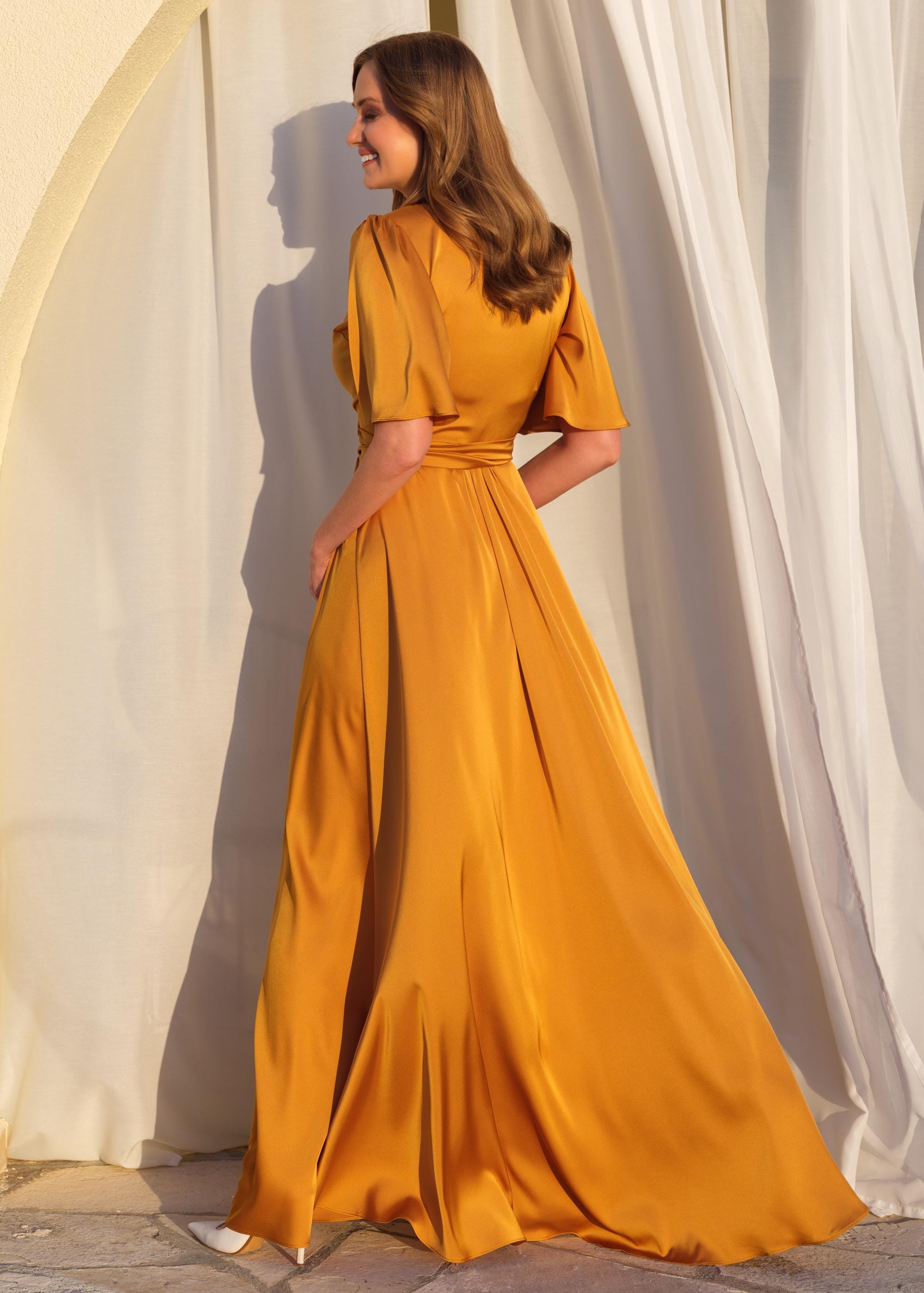 Silk gold wrap dress | Elegant satin gown for weddings, bridesmaids & special occasions | Custom made dress | Wedding guest outfit