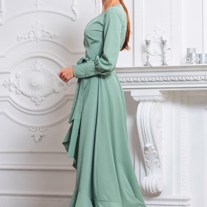 Sage Green Long Wrap Dress, Bridesmaid Dress, Cocktail Dress, Wedding ...