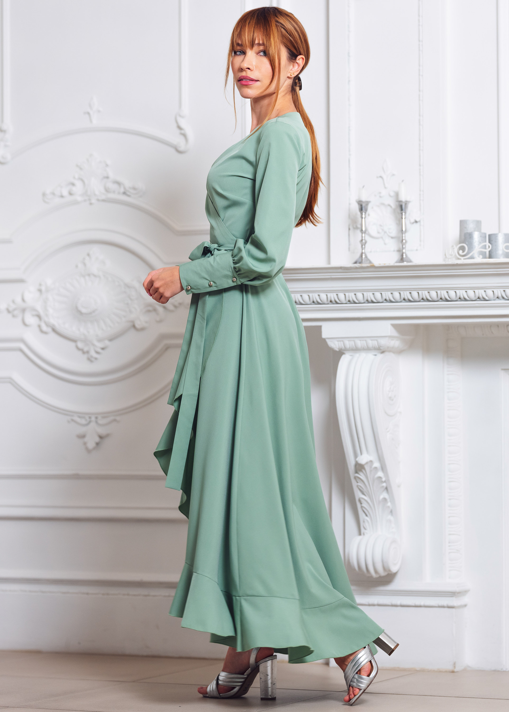 fitted lace wedding dress ZAPAKA Women Light Green Cold Shoulder Bridesmaid Dress A-Line Detachable Sleeves Chiffon Long Wedding Party Dress, Light Green / US10
