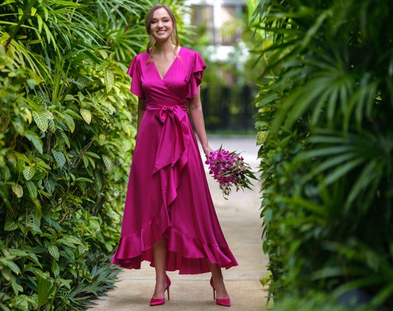 Hot Pink And Orange Cerise Pink Wedding Guest Dress Sheath-Column Maxi Luxe Satin Bridesmaid Dress Hot Pink And Orange Cerise Pink Wedding Guest Dress Sheath-Column Maxi Luxe Satin Bridesmaid Dress
