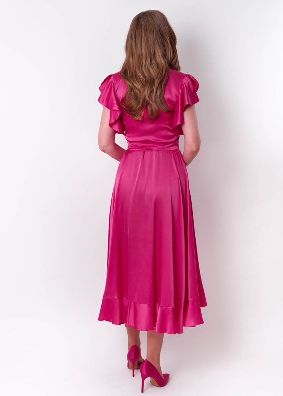 Hot Pink Silk Satin Wrap Dress, Ruffle Sleeves, Maxi Length, Wedding Guest Hot Pink Silk Satin Wrap Dress, Ruffle Sleeves, Maxi Length, Wedding Guest