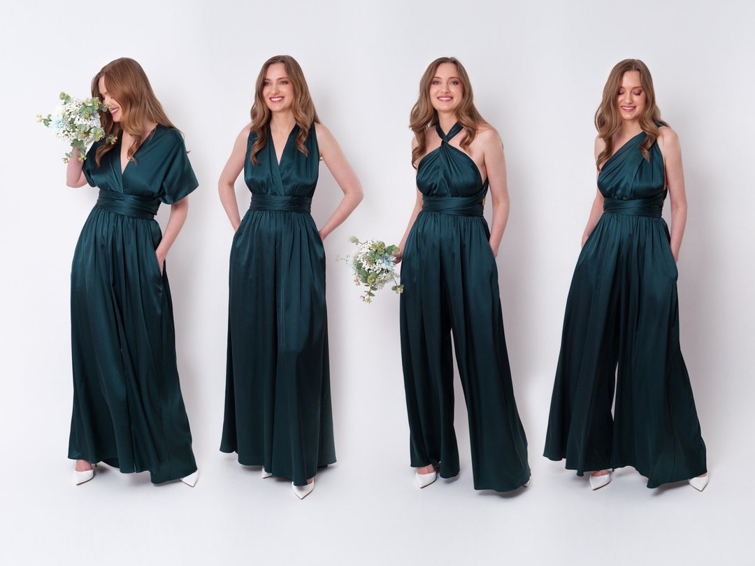 Dark Teal Green Infinity Jumpsuit, Silk Jumpsuit, Bridesmaid