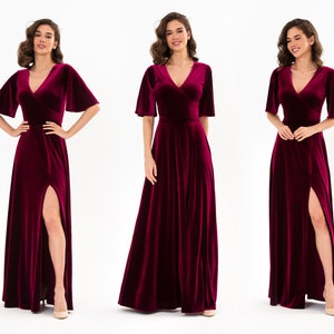 Plum burgundy velvet long slit dress, bridesmaid velvet dress, wedding guest dress, velvet slit wrap dress, maxi dress, evening dress,