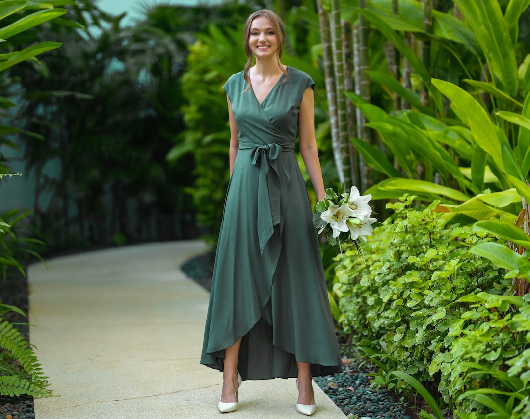 Donkergroene romantische wikkeljurk, bruidsmeisjesjurk, maxi-jurk