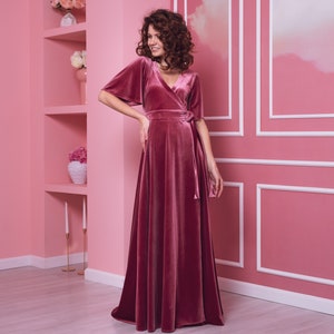 Dusty Rose velvet long wrap around dress, bridesmaid dresses, wedding guest dress, maxi dress, Maid of Honor dress, evening dress