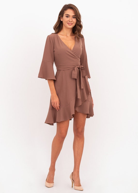 ENMEstyle Brown Wrap Around Dress, Mid-Calf Dress, Long Dress, Wedding Guest Dress, Formal Short Sleeve Dress, Evening Dress, Brown Elegant Dress