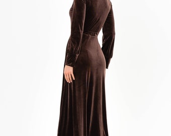 Chocolate Brown Velvet Maxi Dress: Elegant Long Sleeve Gown, Fall Wedding Guest, Modest Bridesmaid Chocolate Brown Velvet Maxi Dress: Elegant Long Sleeve Gown, Fall Wedding Guest, Modest Bridesmaid